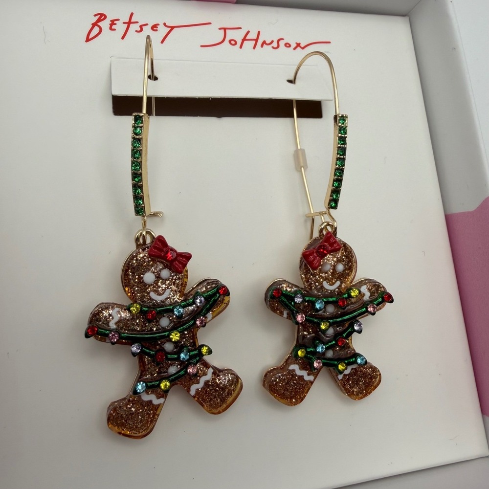 NEW Betsey Johnson Christmas Gingerbread Dangle Earrings Crystal Santa Holiday - Picture 2 of 4